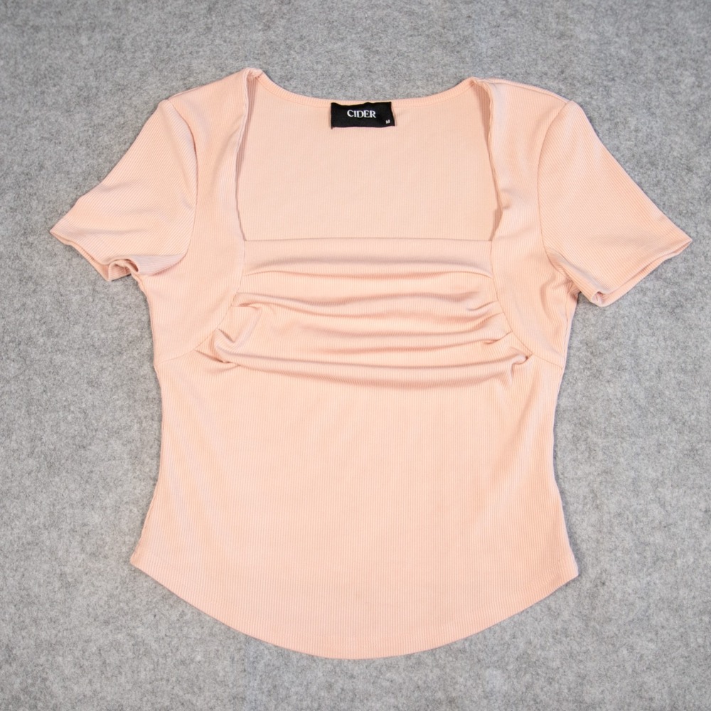 Cider Pink Ribbed Square Neck Ruched Short Sleeve Top Sz Boho Chic M